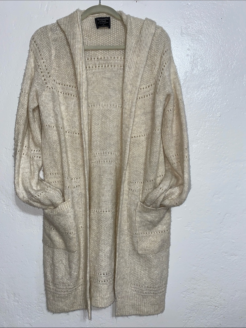 Abercrombie & Fitch Beige Open-Front Knit Cardigan long hooded